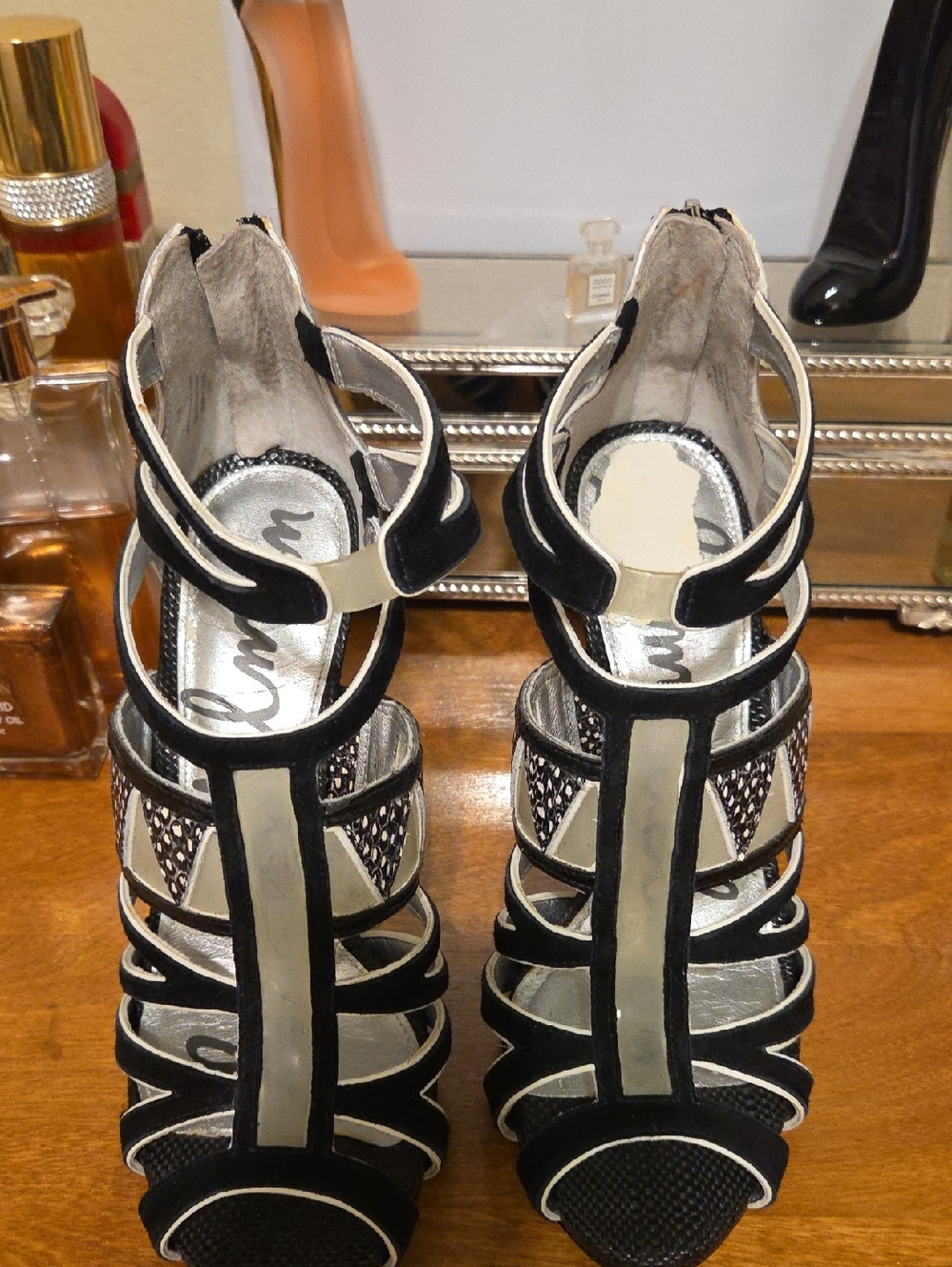 Sam Edelman Black and White Strappy Cage Sandals